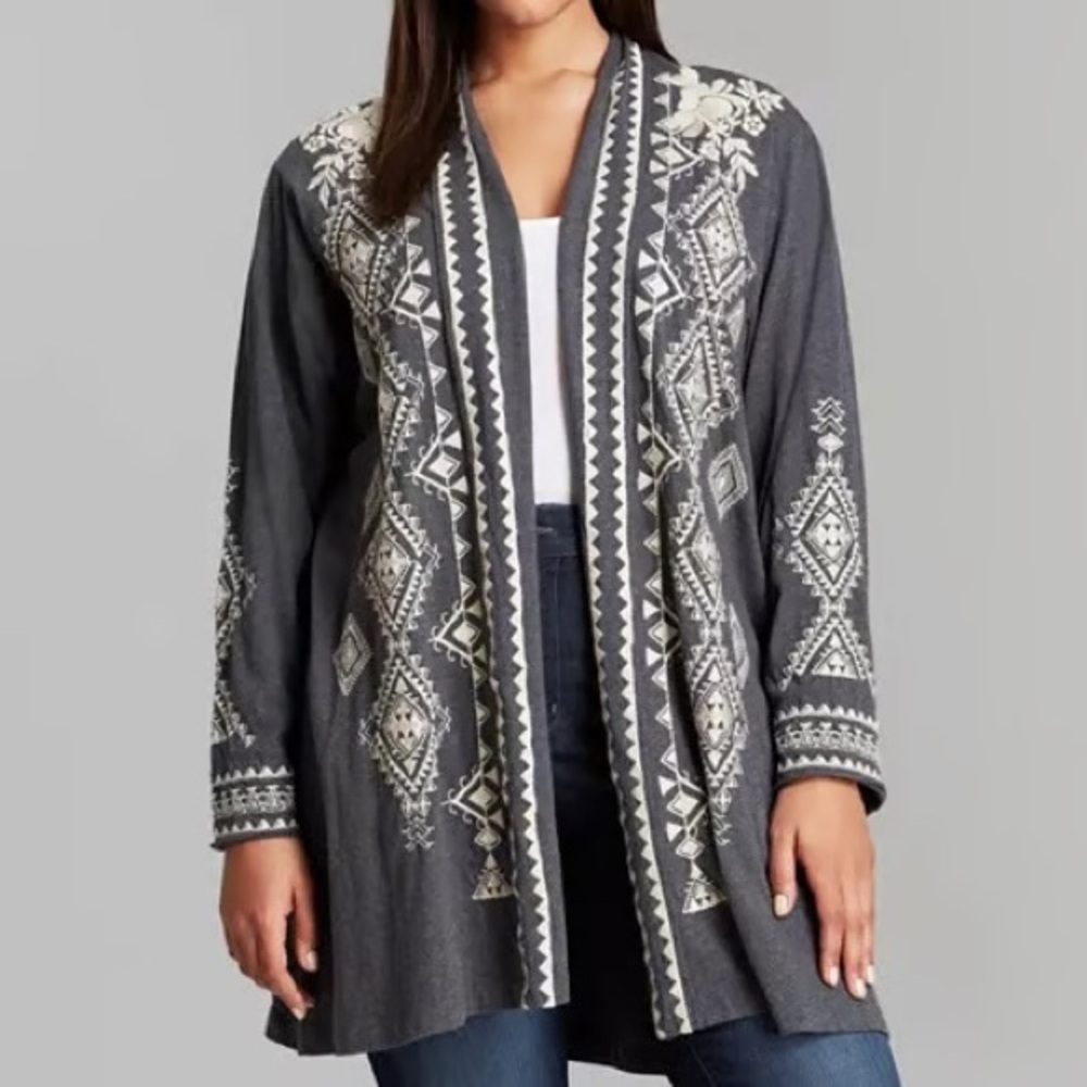 Johnny Was Los Angeles Tulla Embroidered Cardigan in Grey Women’s Size XXL